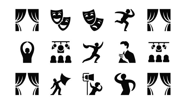 Set of 15 Black Theater and Performing Arts Icons Vector