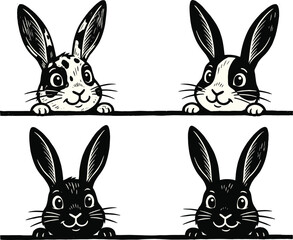 Fototapeta premium Cute rabbit illustration set, black and white bunny vector, playful animal drawing, adorable pet design, creative wildlife art for stock use