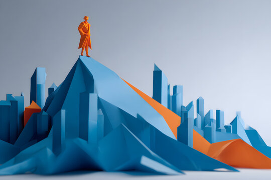 Origami leader standing confidently on a modern folded-paper peak overlooking a futuristic paper city, symbolizing vision and clarity, crisp folds