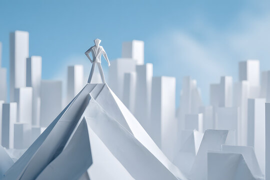 Origami leader standing confidently on a modern folded-paper peak overlooking a futuristic paper city, symbolizing vision and clarity, crisp folds