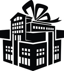 Fototapeta premium A black and white illustration of a gift-wrapped building with a bow on top shows architecture and industry.