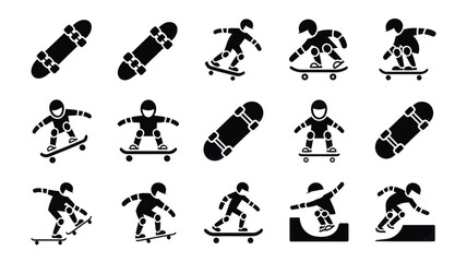 Set of 15 Black Skateboard and Skater Icons Vector © Shahareya