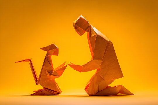 Origami leader teaching a younger paper figure how to fold a new shape, warm mentoring atmosphere, clean lines
