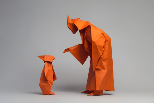 Origami leader teaching a younger paper figure how to fold a new shape, warm mentoring atmosphere, clean lines
