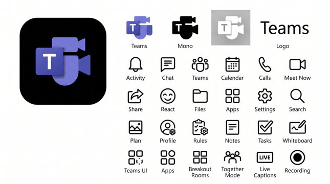 Microsoft Teams logo variations and comprehensive icon set vector illustration featuring Activity, Chat, Calendar, Calls, Meet Now, Files, Apps, Settings, Tasks, Whiteboard and UI elements.