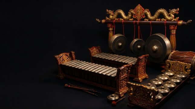 Gamelan musical instrument ensemble on a dark background metallophones and gongs indonesian orchestra instrument percussion traditional ensemble metallophone balungan javanese
