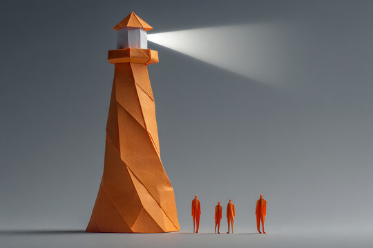 Origami lighthouse shaped like a modern tower, leader standing at the top guiding the team with a clear bright beam