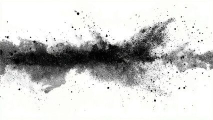 Obraz premium Abstract explosion of fine black powder particles suspended mid-air, creating a dynamic dark nebula cloud formation against a stark white background, symbolizing chaos and cosmic energy