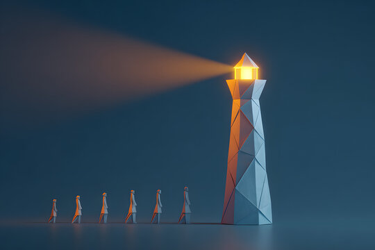 Origami lighthouse shaped like a modern tower, leader standing at the top guiding the team with a clear bright beam