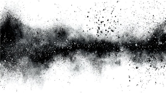 Abstract composition of black particulate matter exploding or dispersing against a stark white background, creating dynamic textural energy and a sense of motion