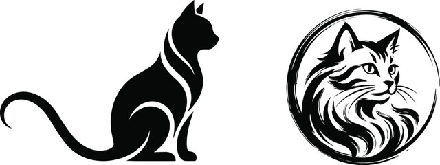Elegant cat art duo, stylized feline silhouette and emblem design, luxury pet illustration, black and white vector for creative branding © MdMonowar