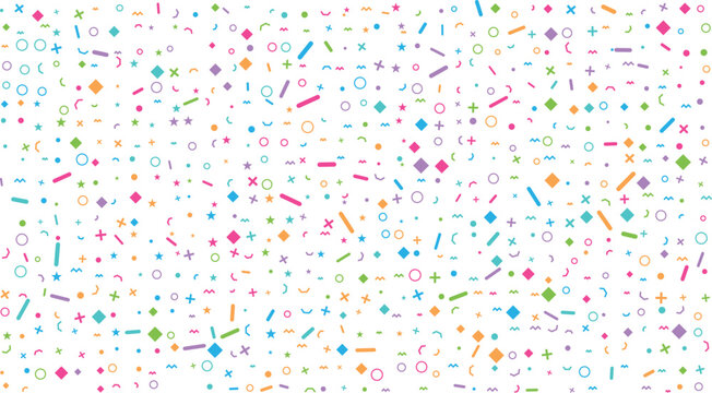 A vibrant pattern of scattered colorful geometric shapes including circles stars and diamonds on a clean white surface