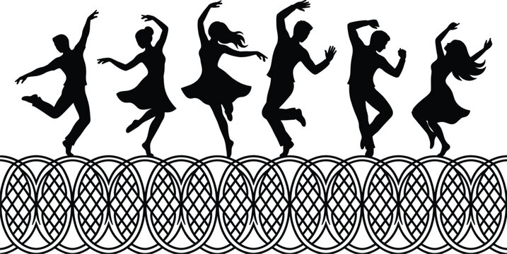 Group of Dancing People Silhouettes Moving Energetically on Top of an Ornate Geometric Celtic Knot Lattice Border Vector Illustration