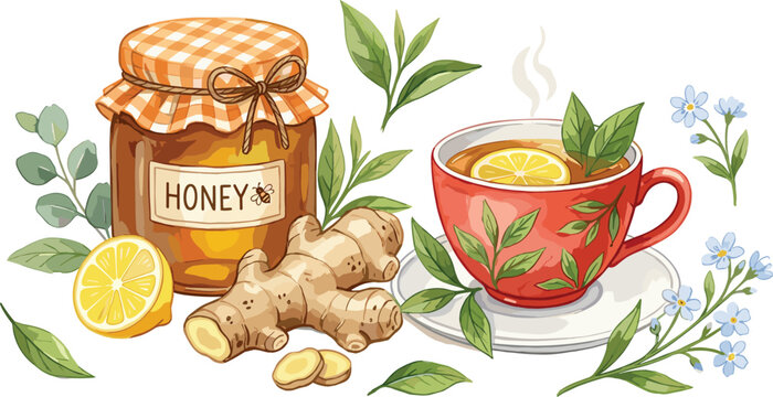 Hot Herbal Tea in Red Cup with Ginger Root Honey Jar Lemon Slice and Mint Leaves Vector Illustration for Healthy Wellness Design