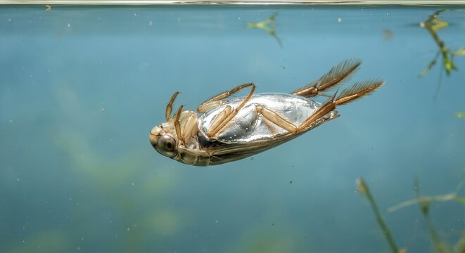 Underwater macro of backswimmer performing oar-like upside-down swimming behavior