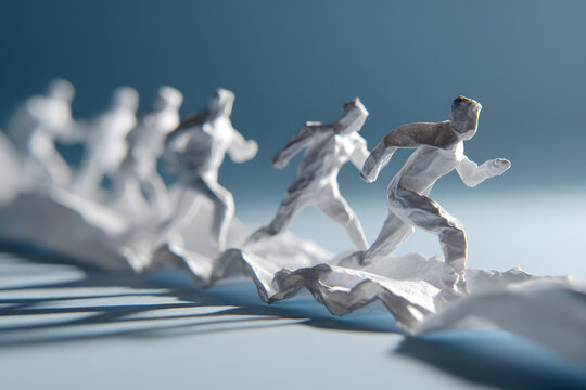 Team sprinting on a folded-paper track led by a determined leader, energetic movement, modern corporate motivation