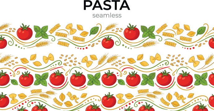 Italian Pasta Seamless Pattern Design with Fresh Tomatoes Basil Leaves Wheat Ears and Varied Macaroni Shapes Vector Illustration for Packaging