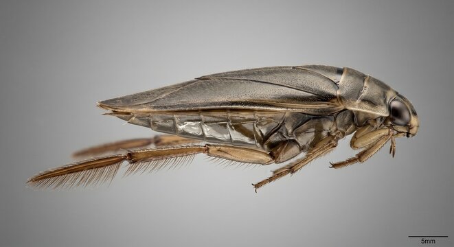 Macro portrait of adult backswimmer resting dorsal view