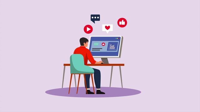 Man sitting at desk working on laptop and computer with social media icons floating above