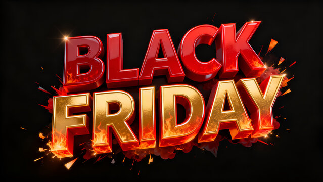 Conceptual 3D illustration of a bold black friday text typography with fire flame explosion for commercial big sale promotion background.