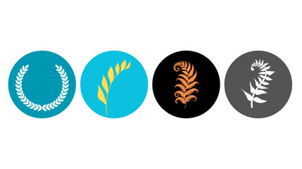 Assorted botanical icons including laurel wreath plant sprig fern fronds in circular backgrounds botanical environment collection illustration © Jahid
