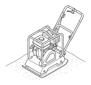 Isometric line drawing of a vibratory plate compactor for ground preparation