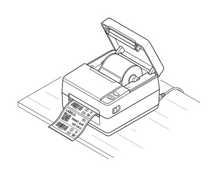 Isometric vector illustration of a thermal label printer creating shipping labels.