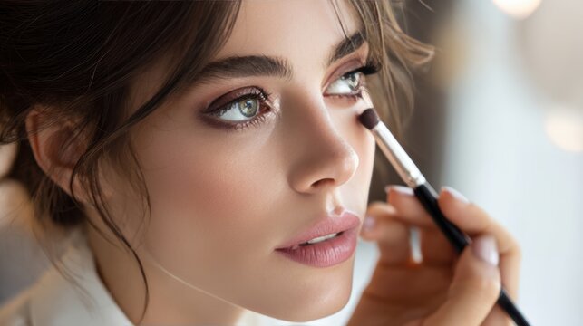 make up professional doing make up in a woman in a white clean ambient, with bright and soft light,