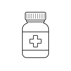 Simple vector illustration of a medicine bottle with a red cross symbol on a white background