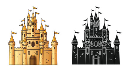 Fantasy castle illustration with detailed turrets and flags colored and black silhouette © Creativekhairul02