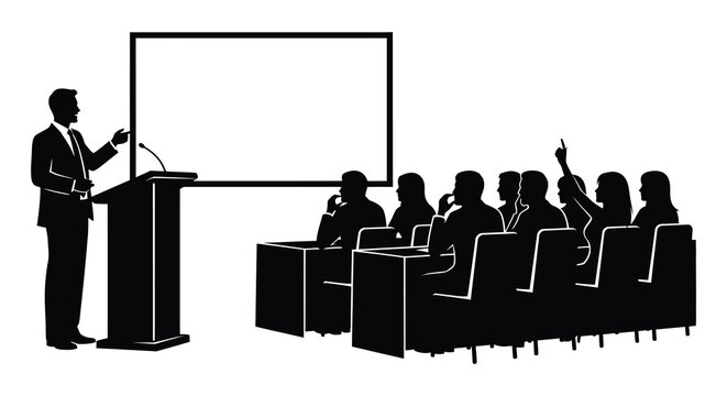 conference speaker presenting to an audience in a meeting room black silhouette