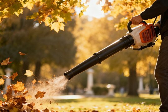 Person using leaf blower in autumn park