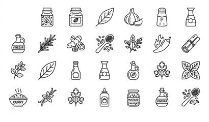 Minimal Herbs and Spices Outline Icons Collection with Cooking Condiment Vector Symbols © MdtTahomidHossain