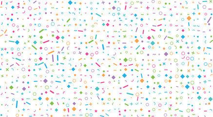 Fototapeta premium A vibrant pattern of scattered colorful geometric shapes including circles stars and diamonds on a clean white surface