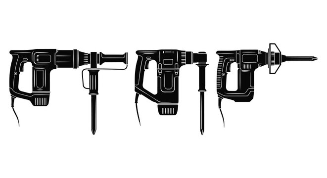 Collection of power drills and tools arranged in a line black silhouette