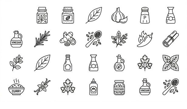 Minimal Herbs and Spices Outline Icons Collection with Cooking Condiment Vector Symbols