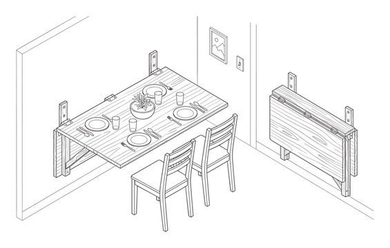 Isometric drawing of wall-mounted folding dining table for compact spaces.