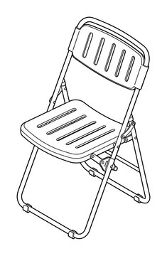 Monochrome outline drawing of a practical plastic and metal folding chair