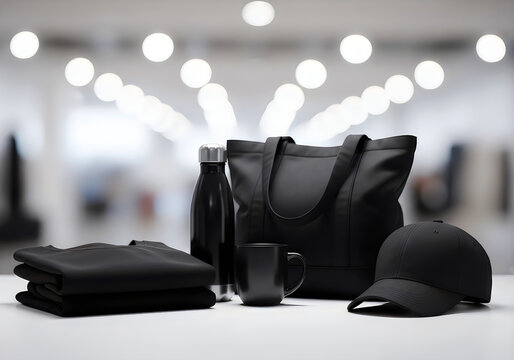 Set of black promotional merchandise including tote bag, bottle, and cap