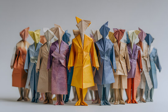 Large group of diverse origami people standing together around a leader, inclusivity theme, modern professional