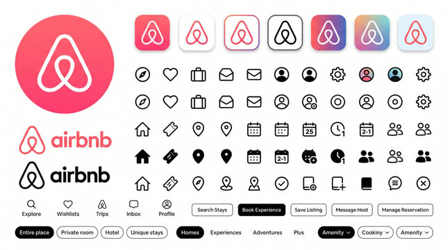 Airbnb logo collection and UI icons set featuring various app button styles, travel navigation symbols, booking interface elements, and professional brand assets for mobile app design.