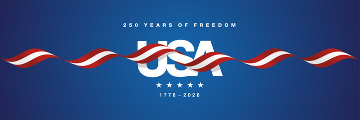 Fototapeta na wymiar 250 years of freedom USA anniversary banner with USA logo label lettering wrapped with red white ribbon on blue background