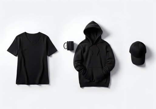 Black vneck tshirt, hoodie, mug, and baseball cap isolated on white background