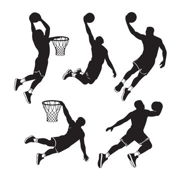 Basketball player silhouettes: dunking shooting jumping actions with team sport, outdoor sport