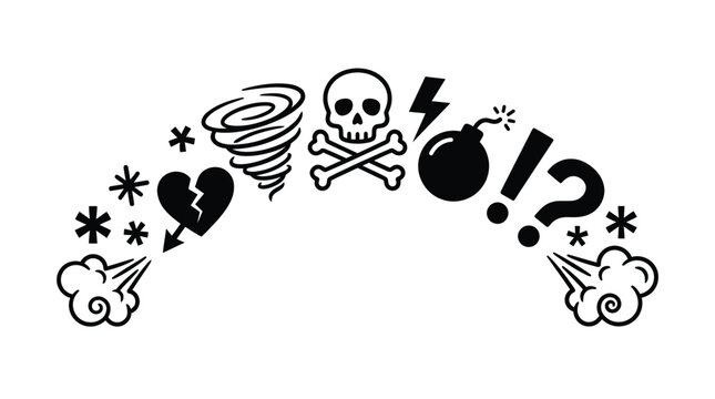 Collection of various black cartoon symbols representing frustration and anger arranged in a curved arc shape