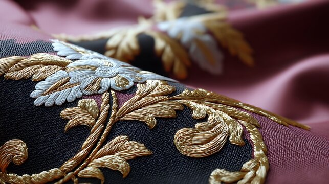 Ornate embroidered textile with gold and silver floral patterns on fabric