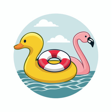 Cartoon Duck and Flamingo Pool Floats with Lifebuoy