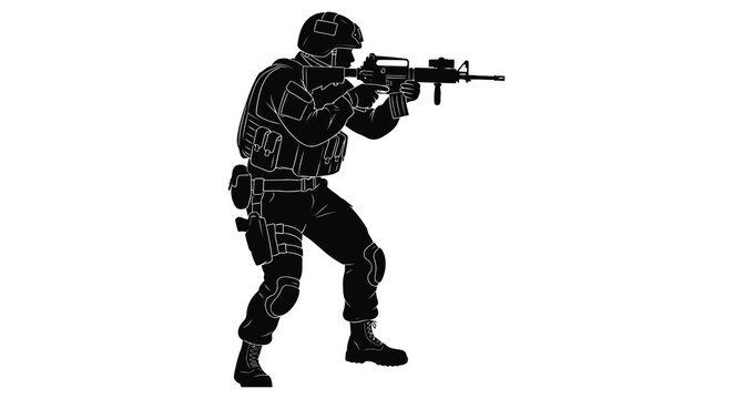 Soldier aiming rifle in combat position black silhouette