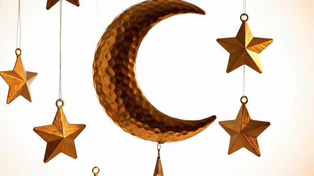 Golden hammered crescent moon centerpiece with dangling stars for festive Ramadan decor