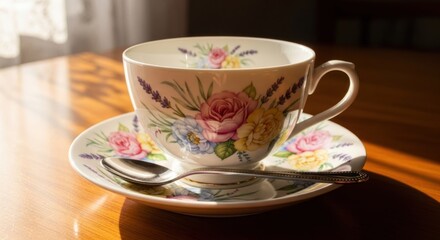 Fototapeta premium Elegant Floral Teacup and Saucer with Spoon on Wooden Table.